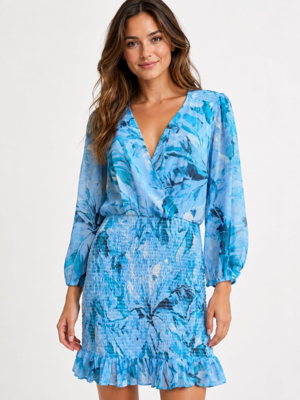 NWT BCBGMAXAZRIA Blue Floral Smocked Blouson Mini Dress Size 8 M/L